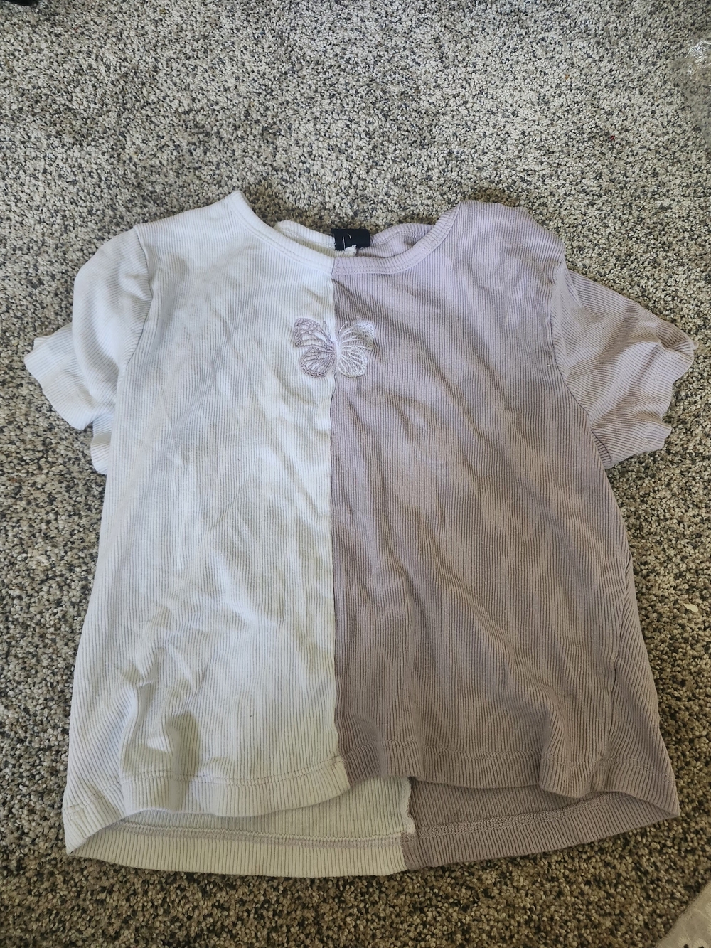 Vibe Two-Tone Lilac & White Ribbed Tee with Butterfly